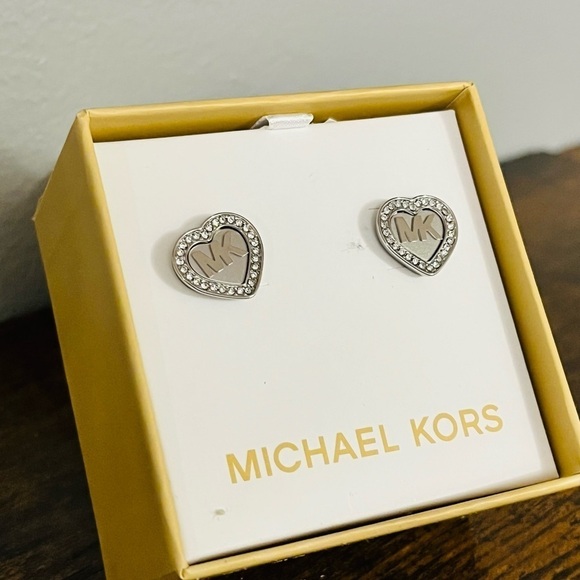 Michael Kors Heart Logo Earrings • Silver Pavé Crystal Studs • NWT - Picture 3 of 3